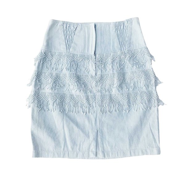 80s Rare Vintage Boho Denim Midi Knee Length Light Blue Jeans Skirt Dangling, M - Picture 5 of 9